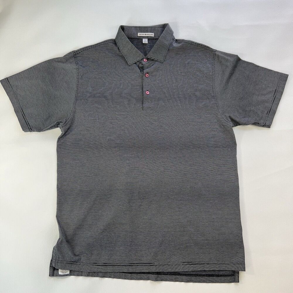 Peter Millar Mens Shirt Large Black White Stripe Pullover Polo Shirt Pink Button